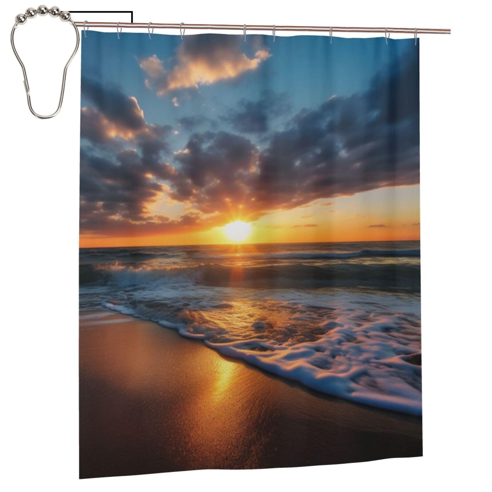 BWWHCCTI Beautiful Sunrise on Sea Printed Shower Curtain With 12 Iron Hooks Opaque Quick Drying Waterproof Shower Curtains Sets For Bathroom 152x183 Cm