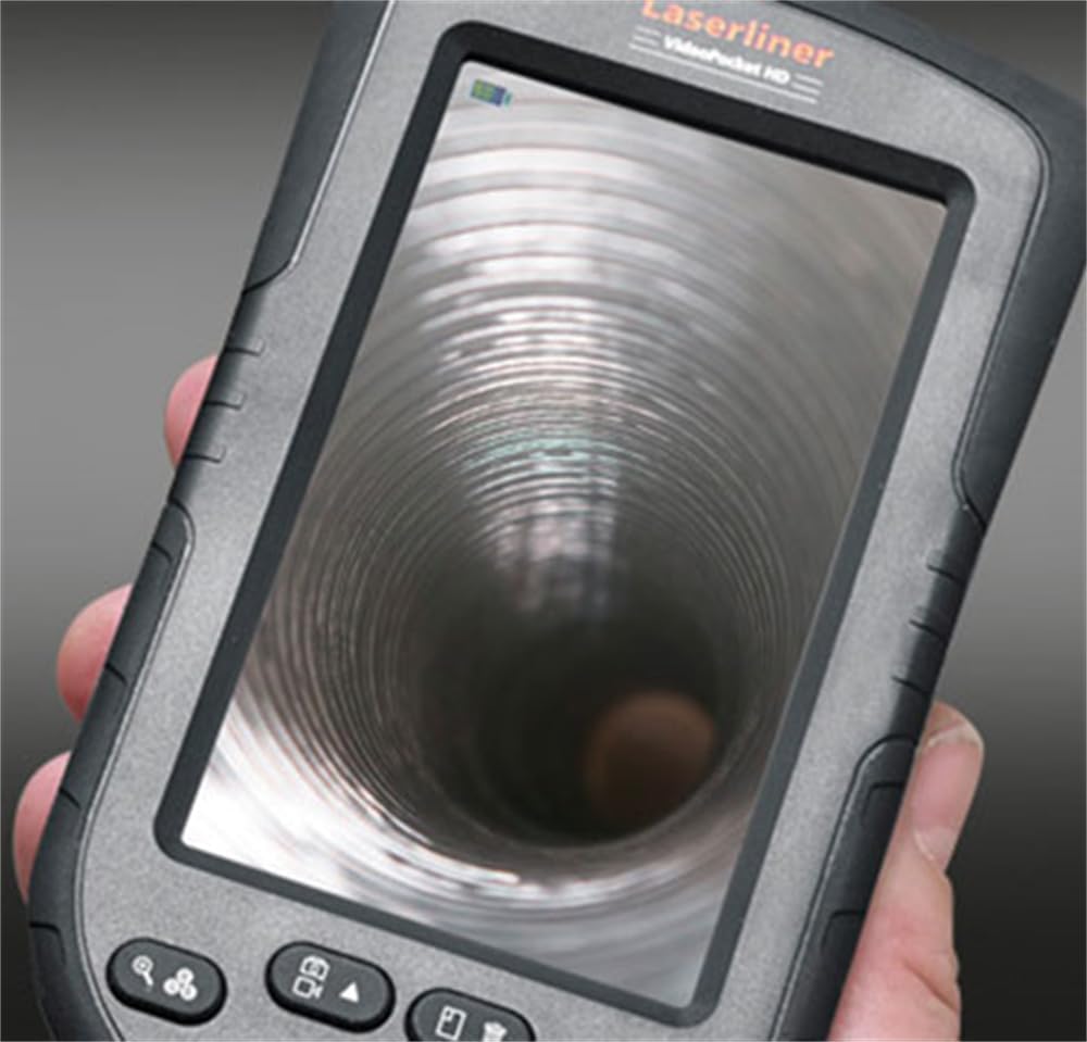 LASERLINER VideoPocket HD display showing a live view from inside a corrugated pipe.