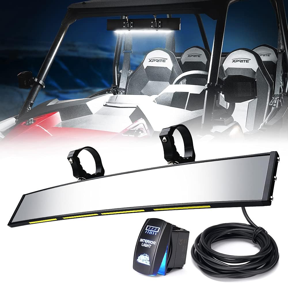 Xprite17.5" UTV Rear View Center Mirror w/Interior Lights and Rocker Switch, Aluminum Curved Rearview Mirrors fits 1.75"-2" Mount for Polaris RZR Can-Am X3 Kawasaki Yamaha, Patent Design