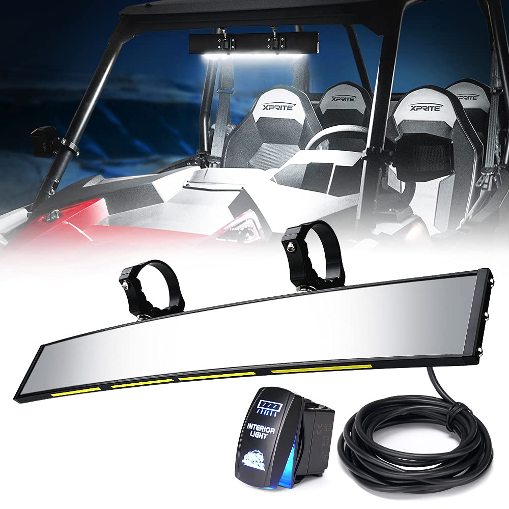 Xprite17.5" UTV Rear View Center Mirror w/Interior Lights and Rocker Switch, Aluminum Curved Rearview Mirrors fits 1.75"-2" Mount for Polaris RZR Can-Am X3 Kawasaki Yamaha, Patent Design
