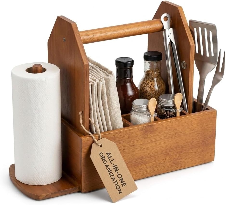 Grill Caddy for Outdoor Grill with Paper Towel Holder, Wooden BBQ Organizer for Utensils, Plates, Condiments and Silverware Rustic Picnic Table Caddy for Camping, Backyard Cooking and BBQ Accessories