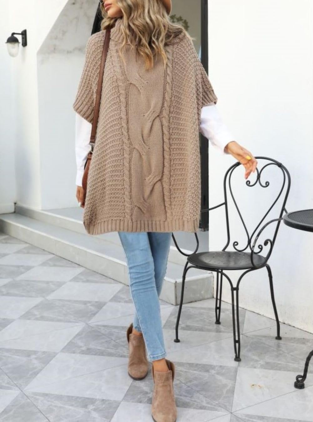 Dolcevita Invernale da Donna Poncho Lavorato A Maglia con Scialle Maglione Maglione Mantella Avvolgente, Maglione Oversize A Mezza Manica Lavorato A Trecce, Maglione Casual A Maglia Grossa con Spacc