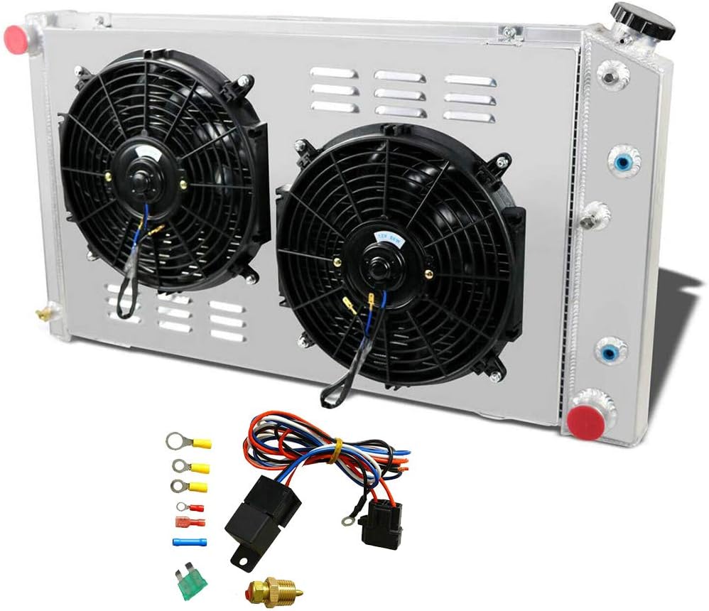 ALLOYWORKS 4 Row Aluminum Radiator Shroud Fan Relay Kit For 1968-1990 Chevy C K Series 10 20 30 Pickup Chevelle El Camino Buick GMC V8 Engines AT MT 28" Wide Core Crossflow Radiators