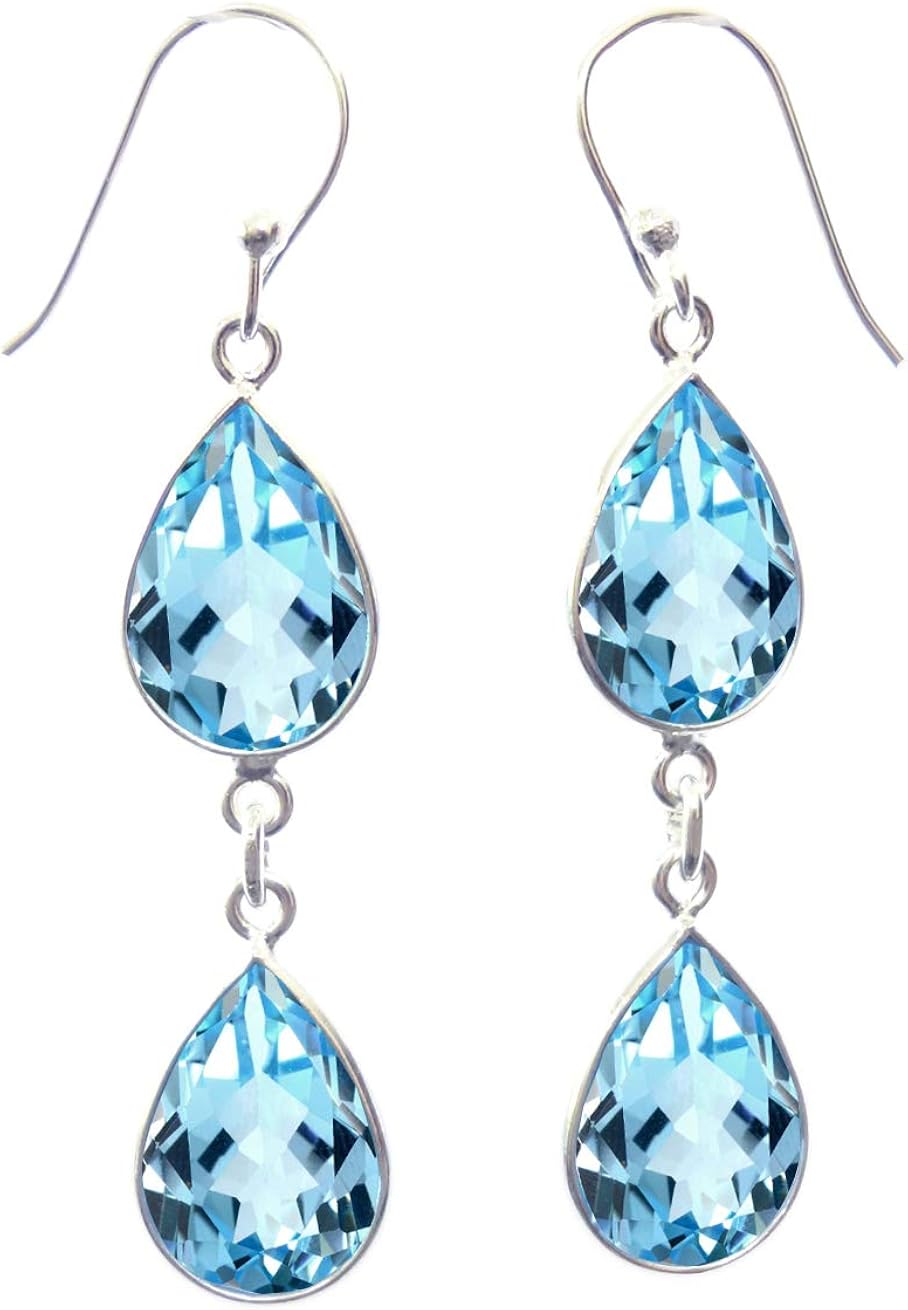 Blue Topaz Pear Shape Gemstone Earrings, 925 Sterling Silver Fashion Party Jewellery Handmade Earrings, 5 cm X 1 cm - Image 4