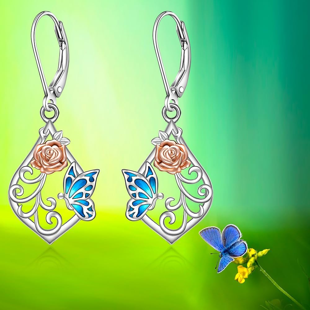 Butterfly Earrings for Women Sterling Silver Flower Filigree Blue Butterfly Dangle Earrings Cute Dainty Butterflies Jewelry Charms Valentines Christmas Mothers Day Gifts - Image 6