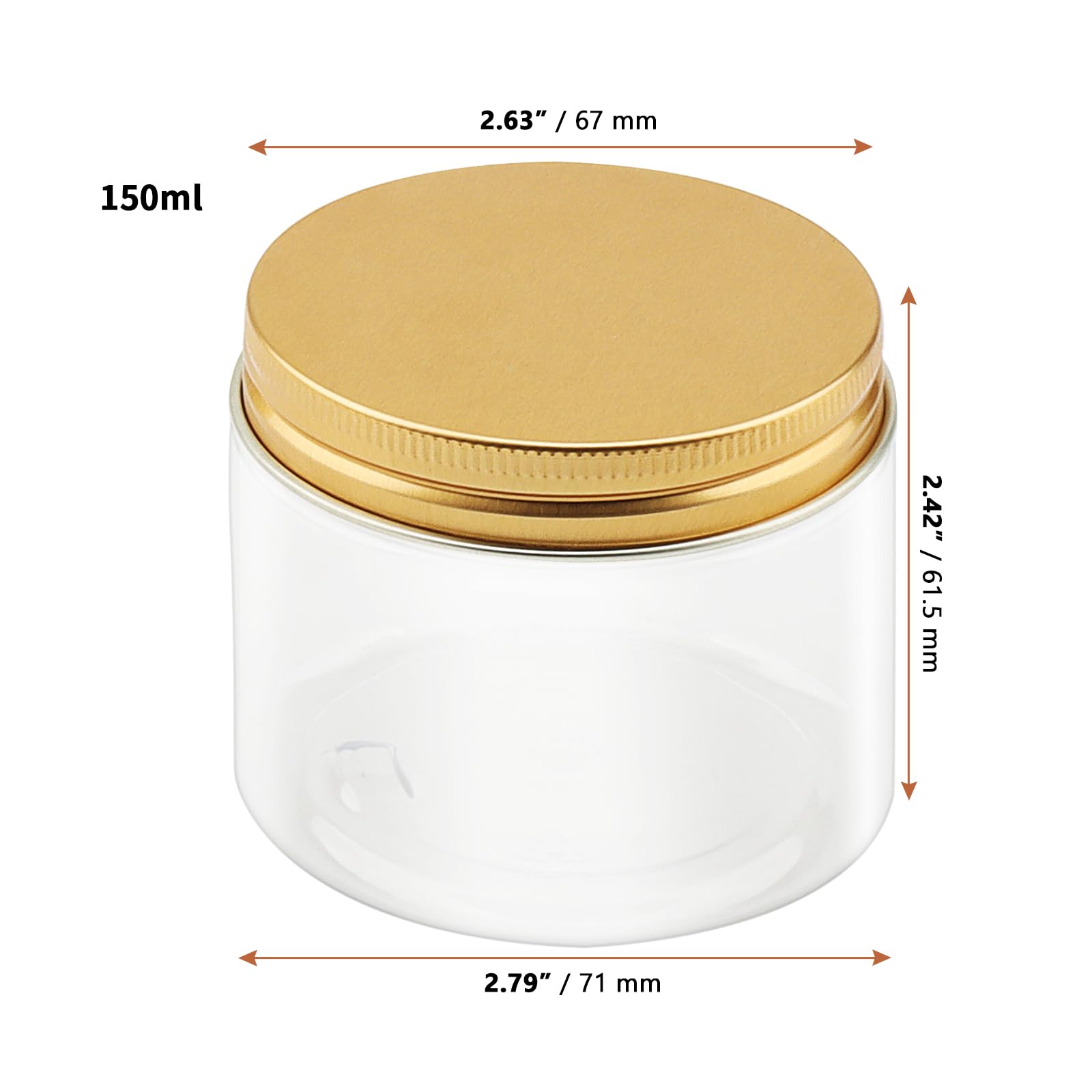 LEXININ Lot de 30 bocaux en plastique transparent de 150 ml avec couvercles dorés, récipients vides à large ouverture pour nourriture, épices
