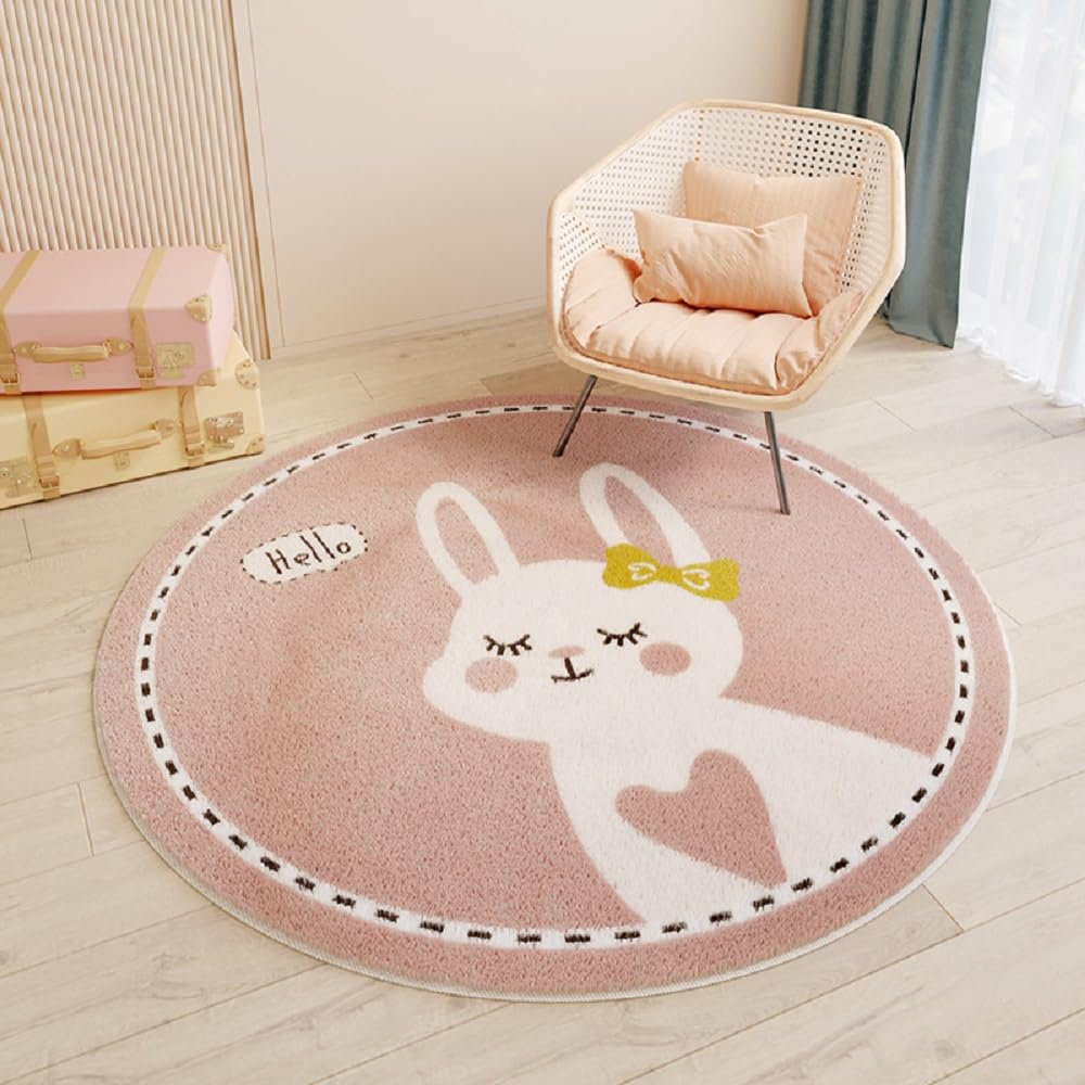 Rond Tapis Salon Lavable Chambre Pile Courte Douce Enfant Bebe Fille Garcon Lion de Dessin Animé Rampant pour Bébé Grand Doux Petite Intérieur Tapis de Jeu pour Bébé Shaggy (Rose, Ø 120cm)