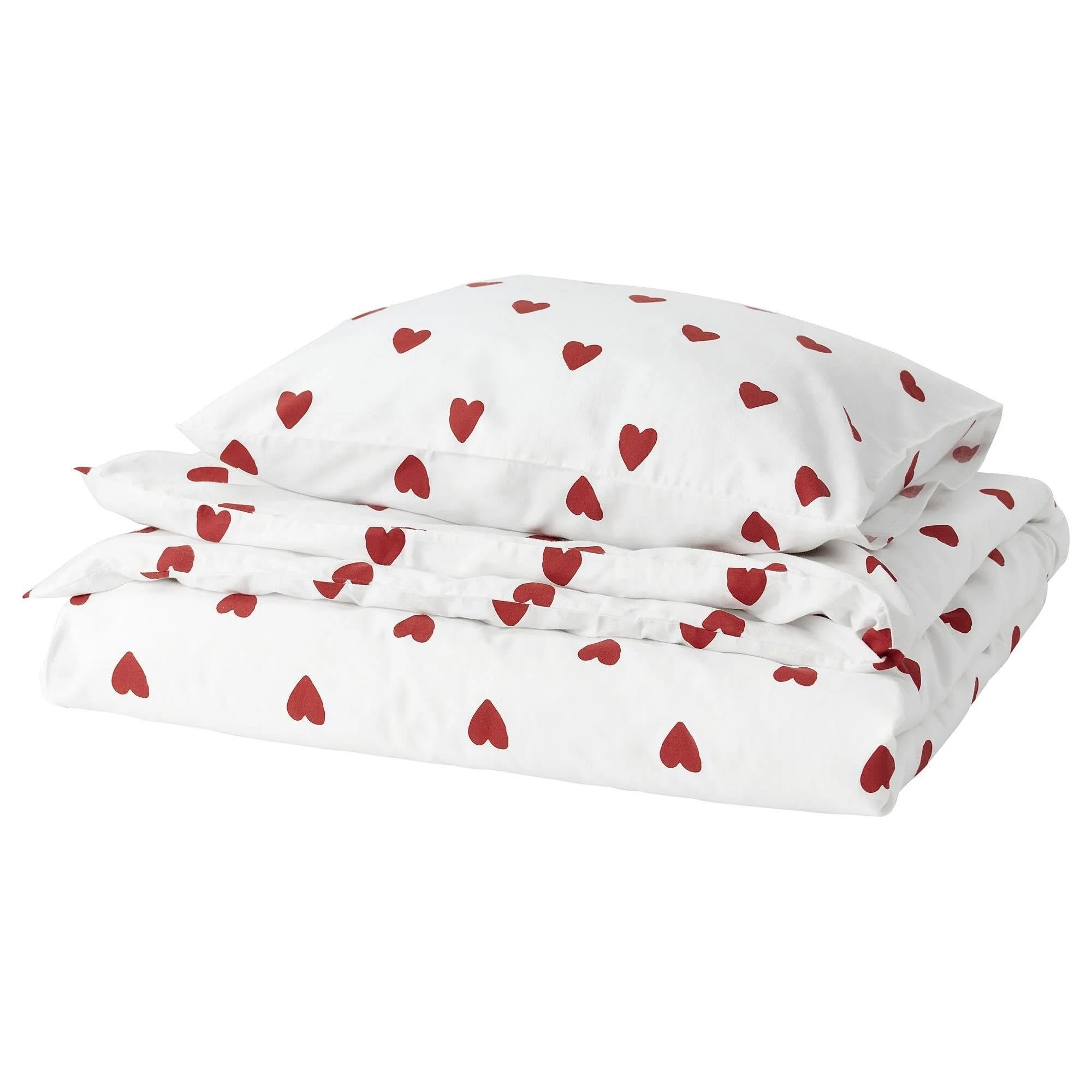 IKEA Tek Kişilik Nevresim Takımı MeridyenDukkan Kalpli Kırmızı-Beyaz 150x200/50x60 cm%100 Pamuk