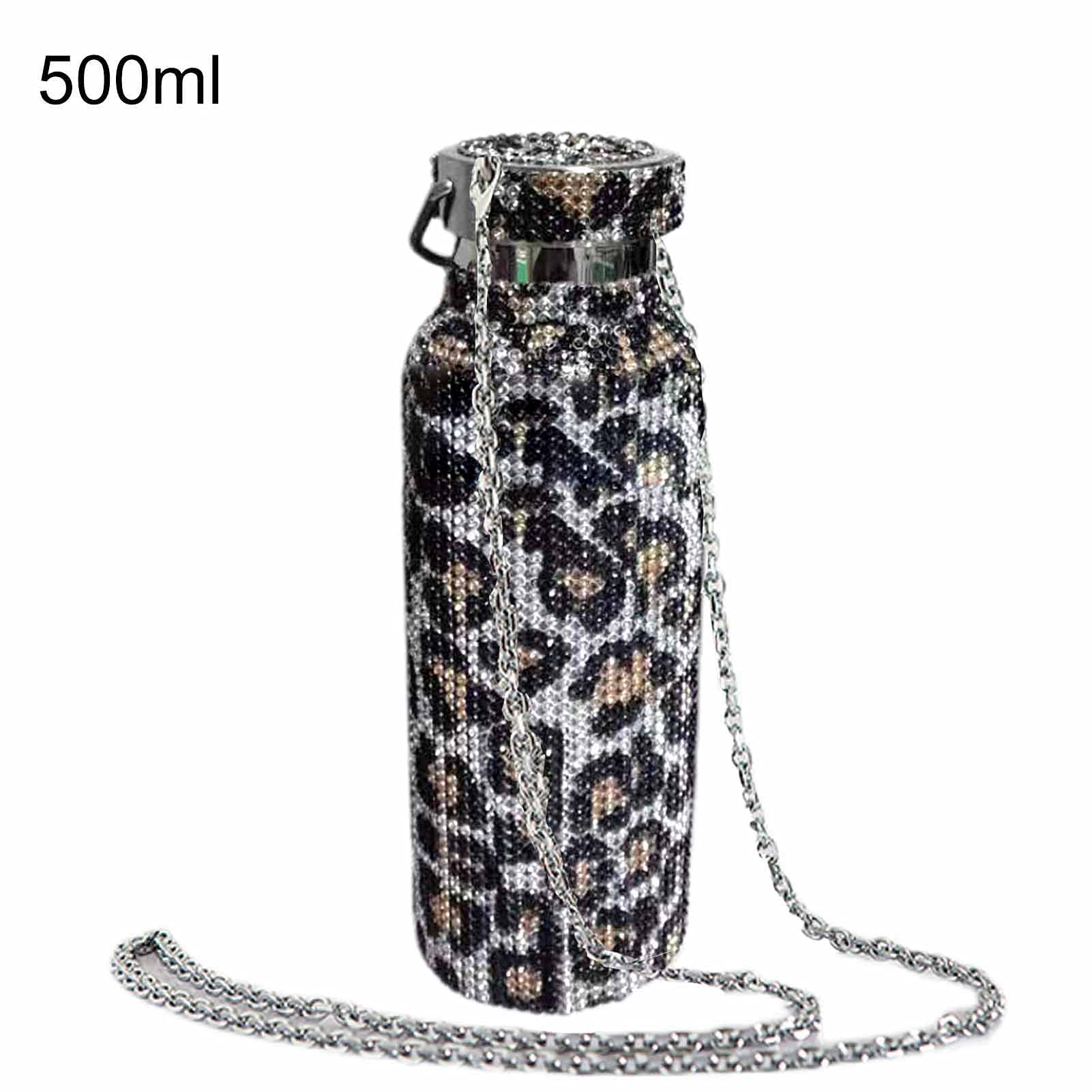Bottiglia d'acqua in acciaio inox, 350 ml/500 ml/750 ml con strass intarsiato isolamento termico tazza dell'acqua per lavoro, palestra, viaggio leopardo dorato 750 ml