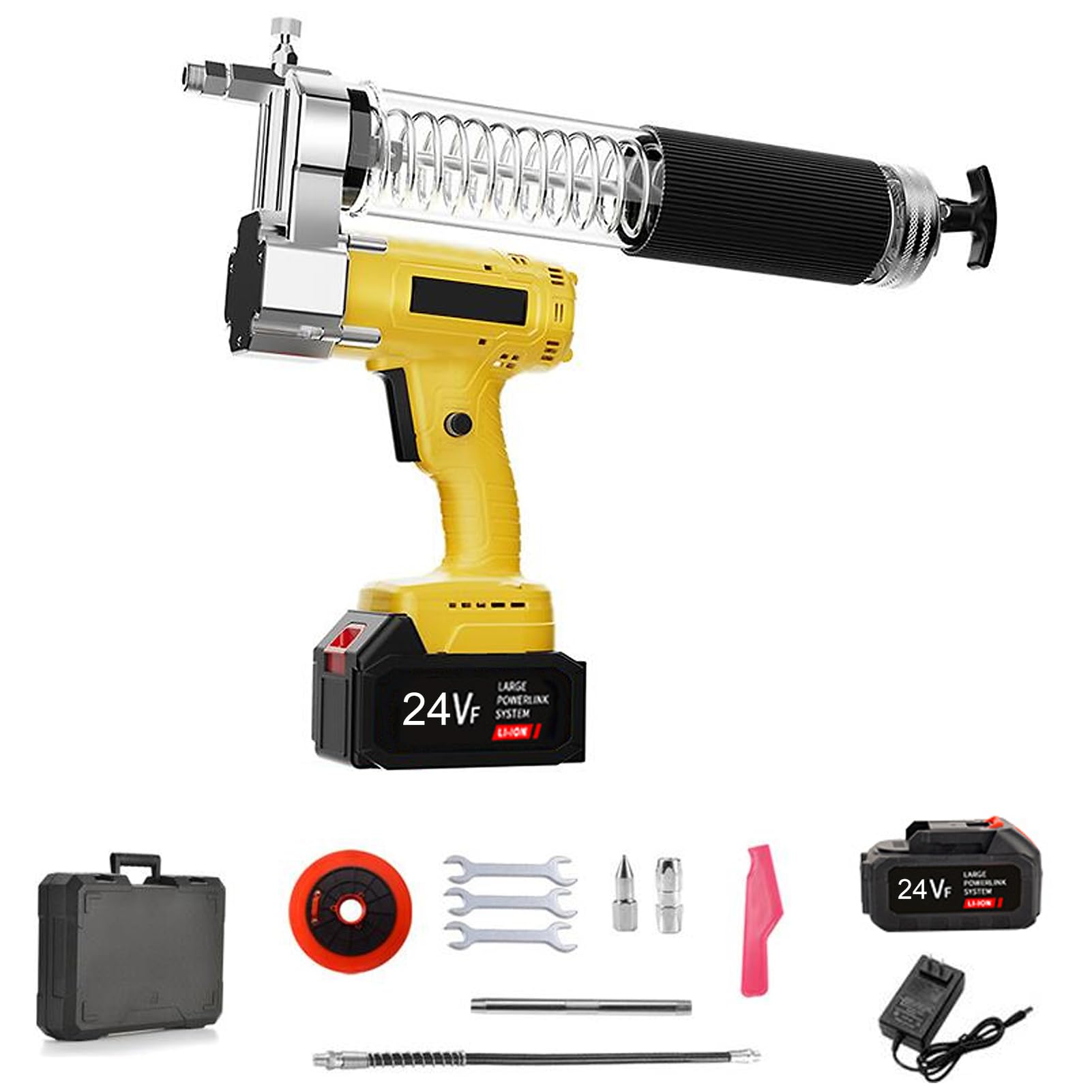 Shkalacar 24V Kit de Pistola Engrasadora, Pistola de Engrase Eléctrica 12000PSI con Manguera de Resorte, Máquina Engrasadora Inalámbrica a Batería con Tubo de Tensión, Estuche de Transporte