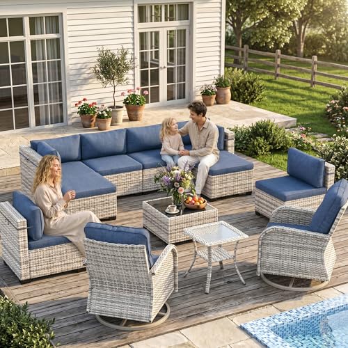 Image of Outdoor PE Wicker Rattan Modular Patio Sectional Sofa Set | 12-Piece: 6 Modular Seats, Coffee Table, 2 Swivel Rocking Chairs, Side Table & 2 Ottomans, Navy Blue