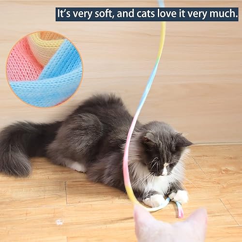 Miniatura 3 de LASOCUHOO Varita interactiva para gatos, juguetes interactivos para gatos, cinta de cuerda de arco iris para gatos y gatitos, 2 paquetes