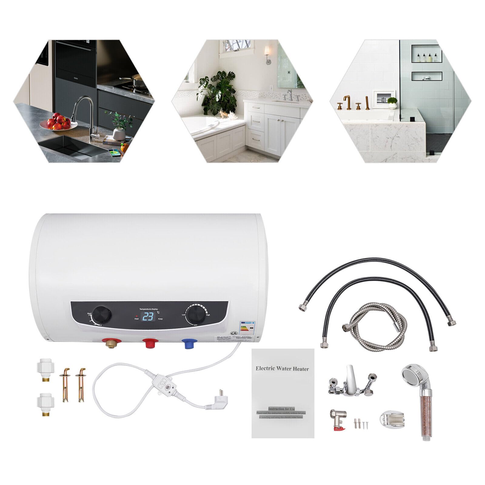 Elektryczny zbiornik ciepłej wody, 50 l, poziomy bojler, podgrzewacz wody, domowy, elektryczny zbiornik ciepłej wody, poziomy bojler + słuchawka prysznicowa