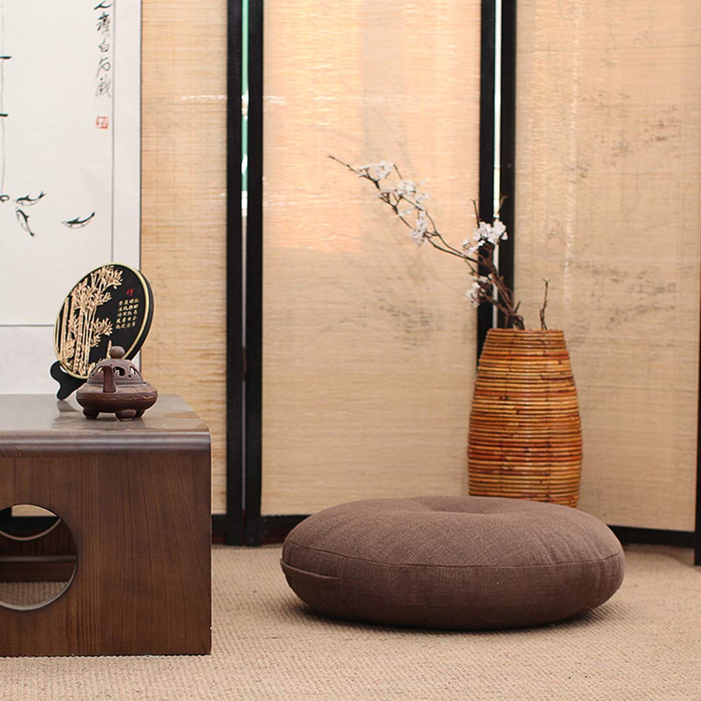 Coussin de sol rond en lin café pour un coin lecture chaleureux