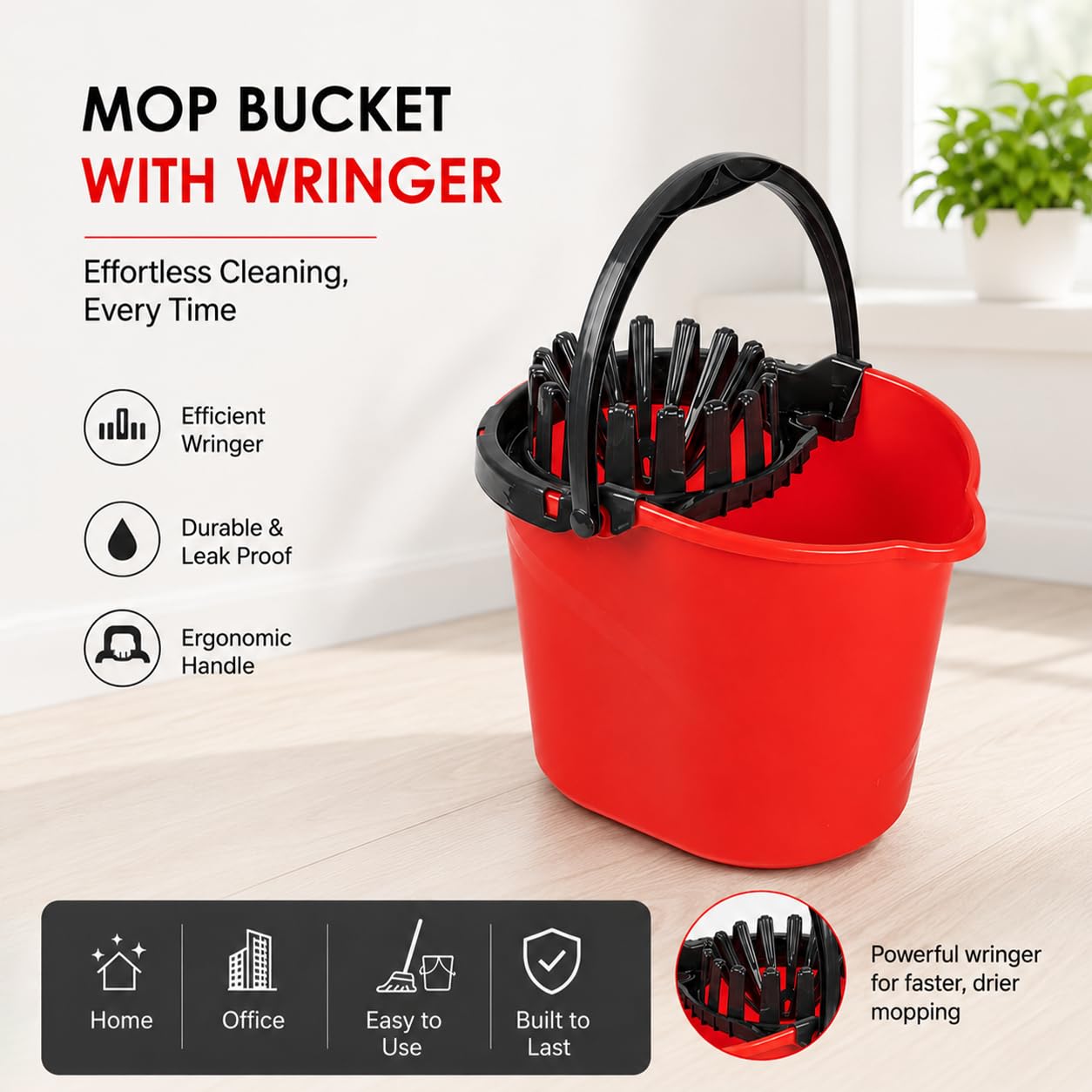 plastific Starker und langlebiger Wringer-Eimer aus Kunststoff mit Tragegriff - Einfache Wischmopp-Reinigung, geeignet für Zuhause, Clip zum Anbringen und Büro (1a - 14l - Rot)