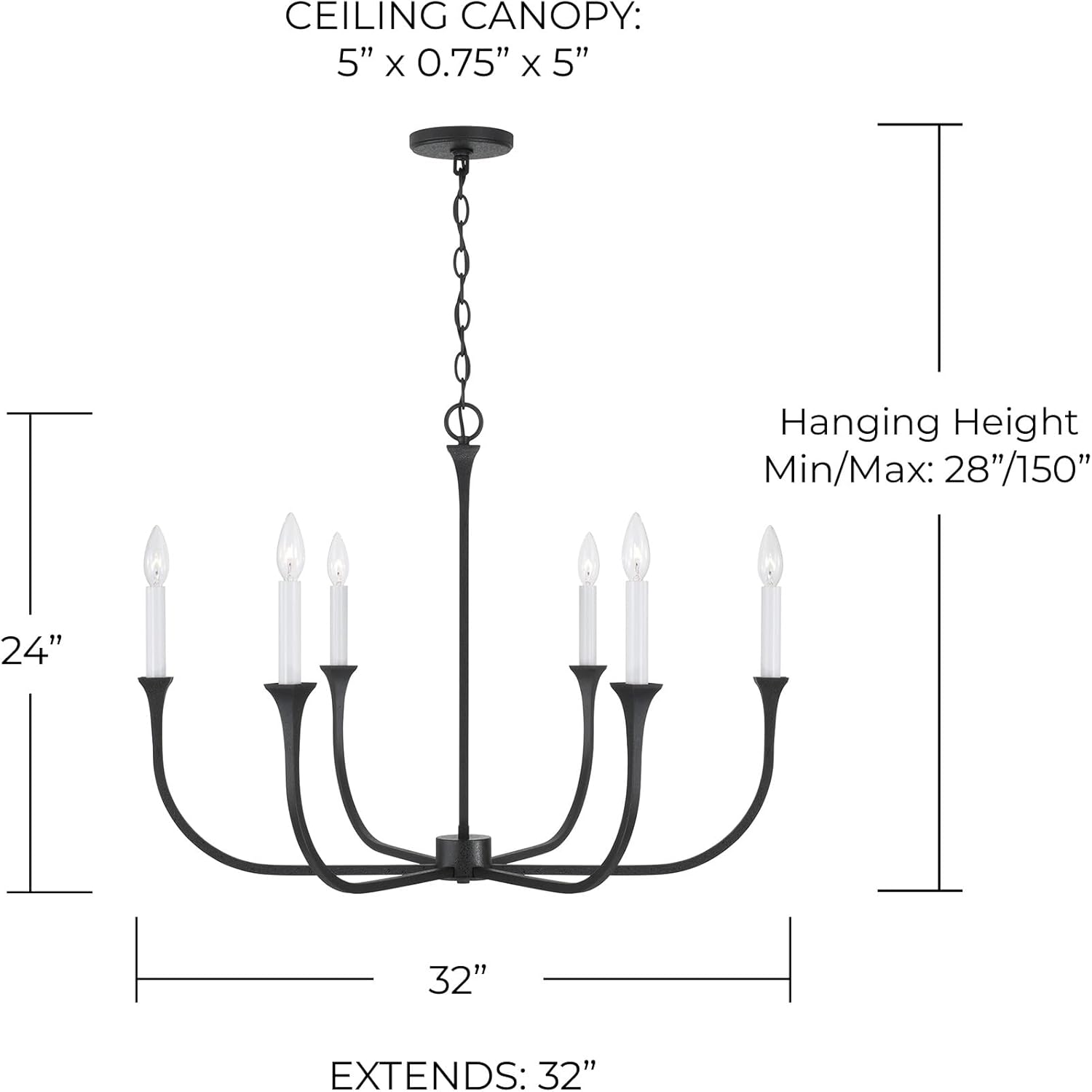 Capital Lighting 452361BI Decklan Transitional Minimalistic Industrial Candle Chandelier, 6-Light 360 Total Watts, 24" H x 32" W, Black Iron