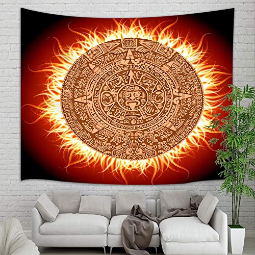 Native American Mayan Calendar Tapestry Wall Hanging, Mystical Aztec Grunge Mandala in Fire Wall Tapestry Art for Home Decorations Dorm Decor Living Room Bedroom Bedspread, 60