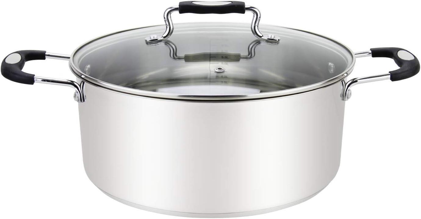 Stainless Steel Casserole Pot, Large Steel Dutch Oven, Boiling Pot for Soup, Spaghetti, Braising, 8.4 Quart Induction Cooking Pot, Urban Collection Low Round Mirrored Stainless Pots