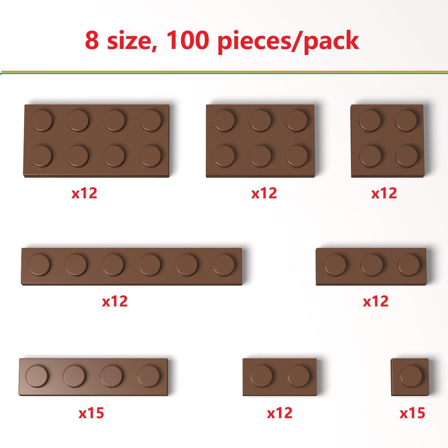 100 Pieces Classic Building Plate Assortment Pack, 8 Sizes Small Baseplates Multipacks, Compatible with Lego Parts and Pieces, Small Plate for Building(Color:Brown) - Image 2
