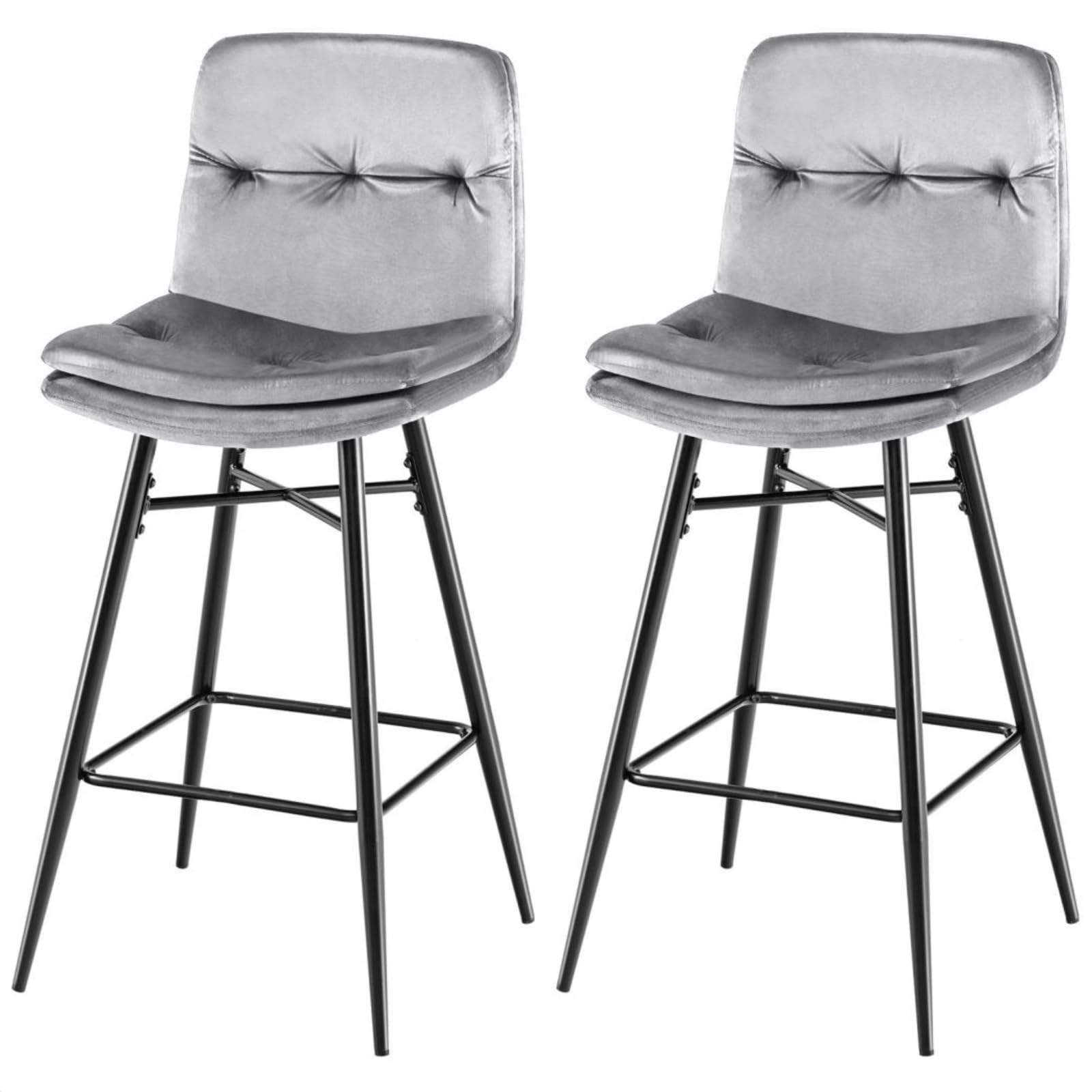 TANGZON Bar Stools Set of 2, Velvet Upholstered Bar Chairs with Tufted Backrest, Footrest & Anti-slip Foot Pads, Breakfast Counter Height Chairs for Pub Kitchen Living Dining Room (Grey) — image 1