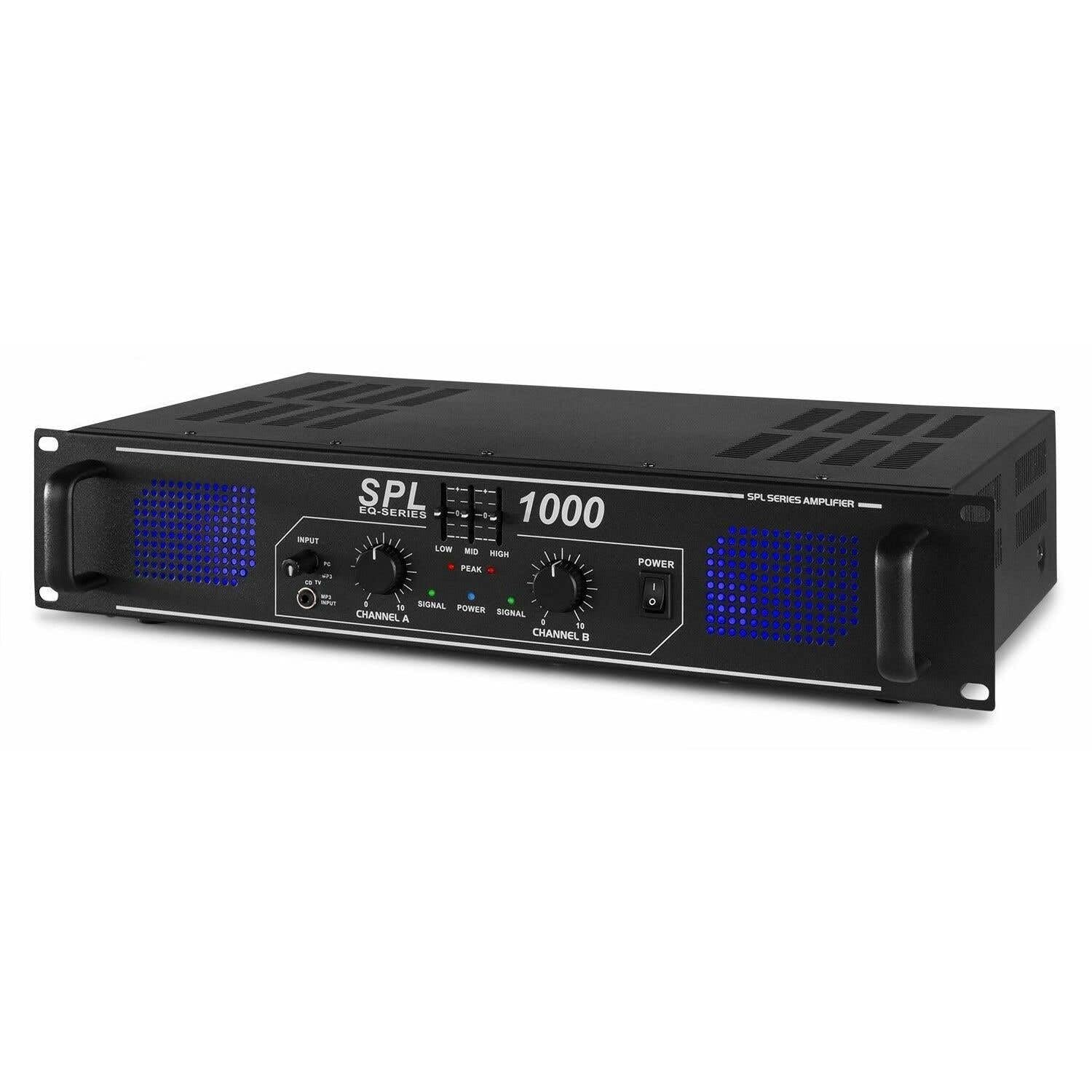 SkyTec SPL1000 PA Verstärker Endstufe 1000 Watt, mit 3-Band-Equalizer, 3 Kanal Input, Chinch, AUX, ideal für DJ Boxen, Clubs, Bars und Gastronomie, Schwarz
