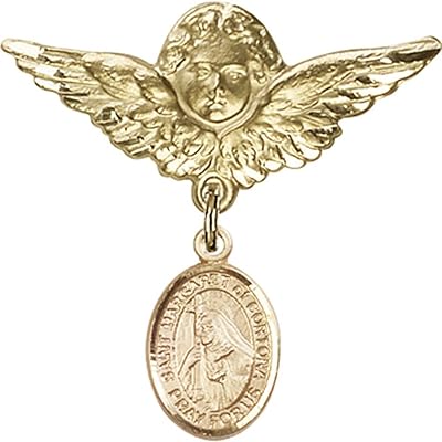Gold Filled Baby Badge with St. Margaret of Cortona Charm and Angel w/Wings Badge Pin 1 1/8 X 1 1/8 inches