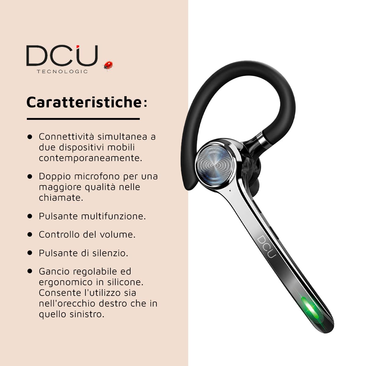 DCU TECNOLOGIC - Auricolare Mono Bluetooth 5.0 Action Pro - Auricolare wireless - Effettua e riceve chiamate - Connettività a doppio punto