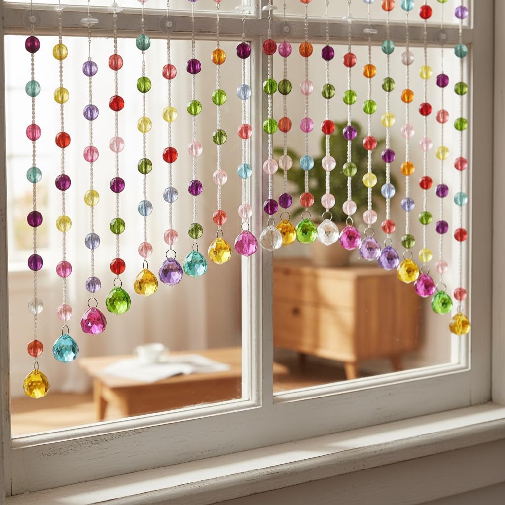 Acrylic Multicolor Beaded Door Curtain, Self-Adhesive Door String Beads Curtains for Doorways Hippie Window Closet Door Way Bead Hangings Curtain Arched Bedroom Hallway String Curtains(25 Strings)