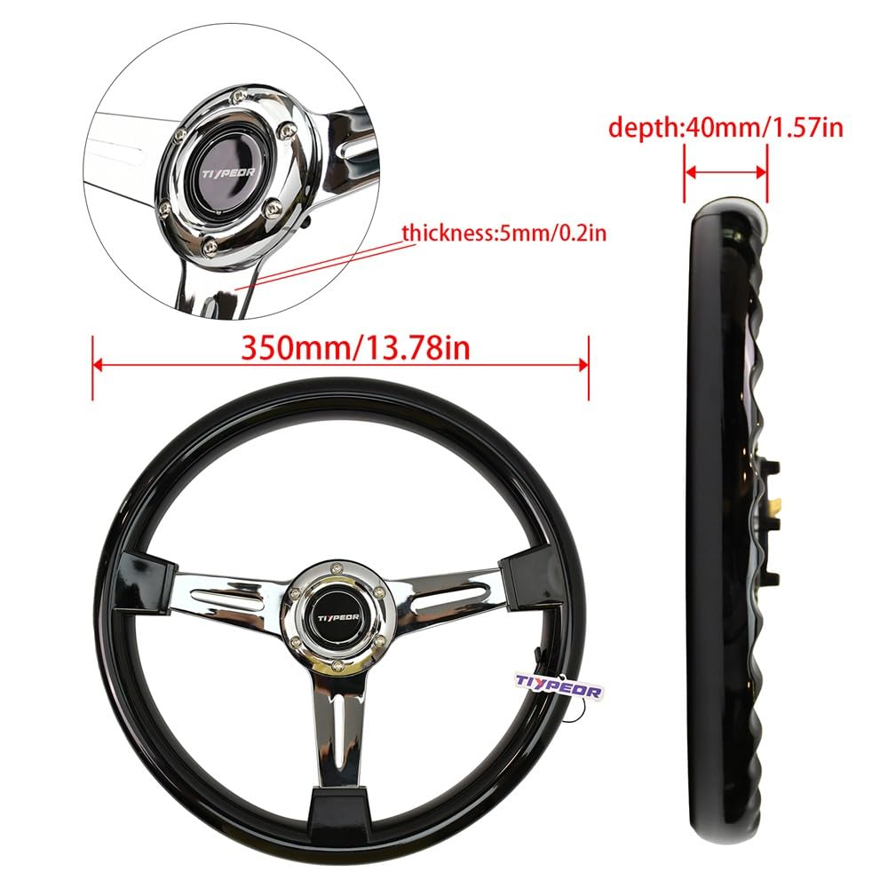 Volante classico in legno di ricambio 350 mm 14" universale per auto, volante retrò con 6 pulsanti clacson e 3 razze cromate, stile vintage per auto, simulazione di guida, motorsport, JDM