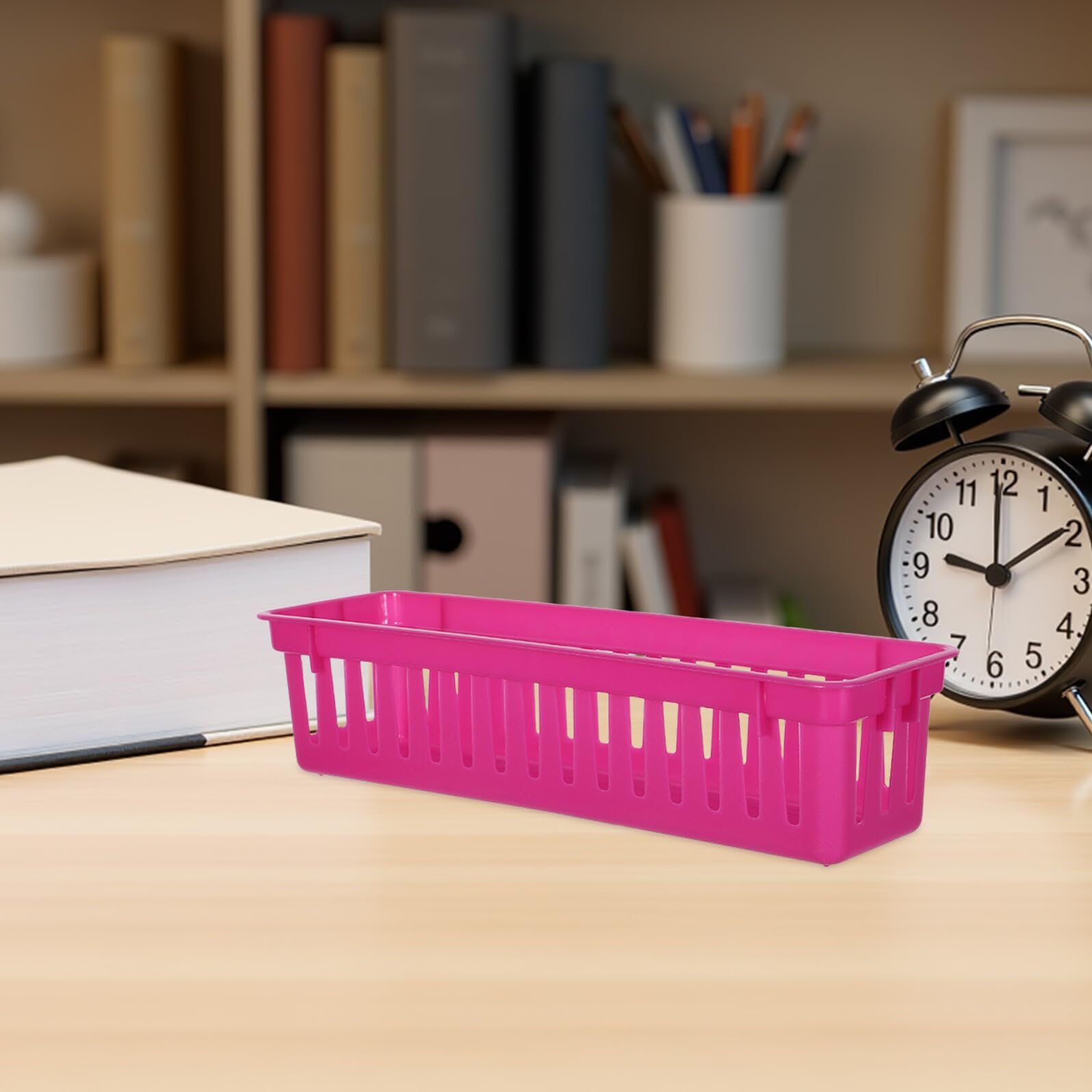 UKCOCO Cestas Organizadoras de Escritorio de Plástico Estrechas Rosa Fucsia Portalápices Rectangular Pequeño 12 Unidades para Útiles Escolares Bandejas Multiusos para Cajones y