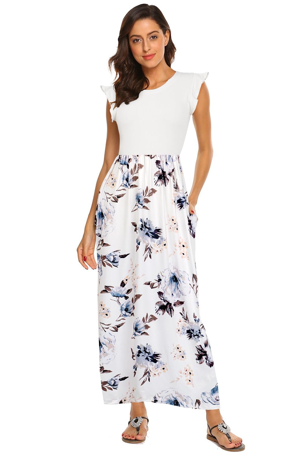 BDTECAOR Maxikleid Damen Sommer Boho Ärmellos Strandkleider Lässige Lange Tank Kleid mit Taschen