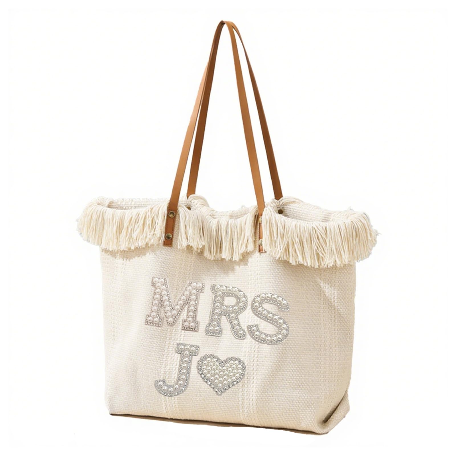 MYDREAMY Personalized Pearl Bride Bridesmaid Tote Bag with Name, Custom Large Women Foldable Monogram Canvas Beach Bag