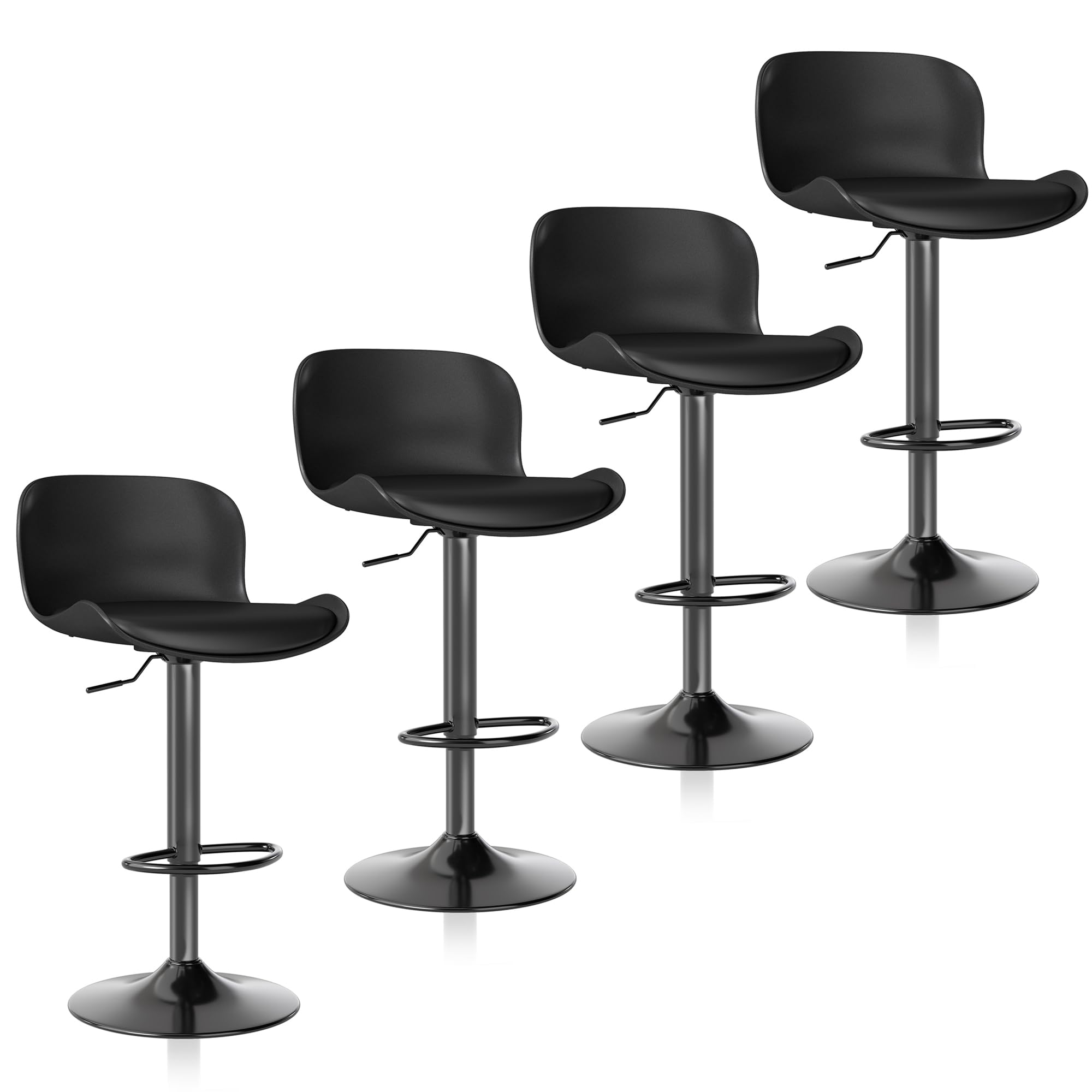 Flysky Taburete de Bar Juego de 4, Silla giratoria 360°, Regulable en Altura, Taburete de Bar con Respaldo y reposapiés, Taburete de Cocina imitación Cuero 120kg, Negro