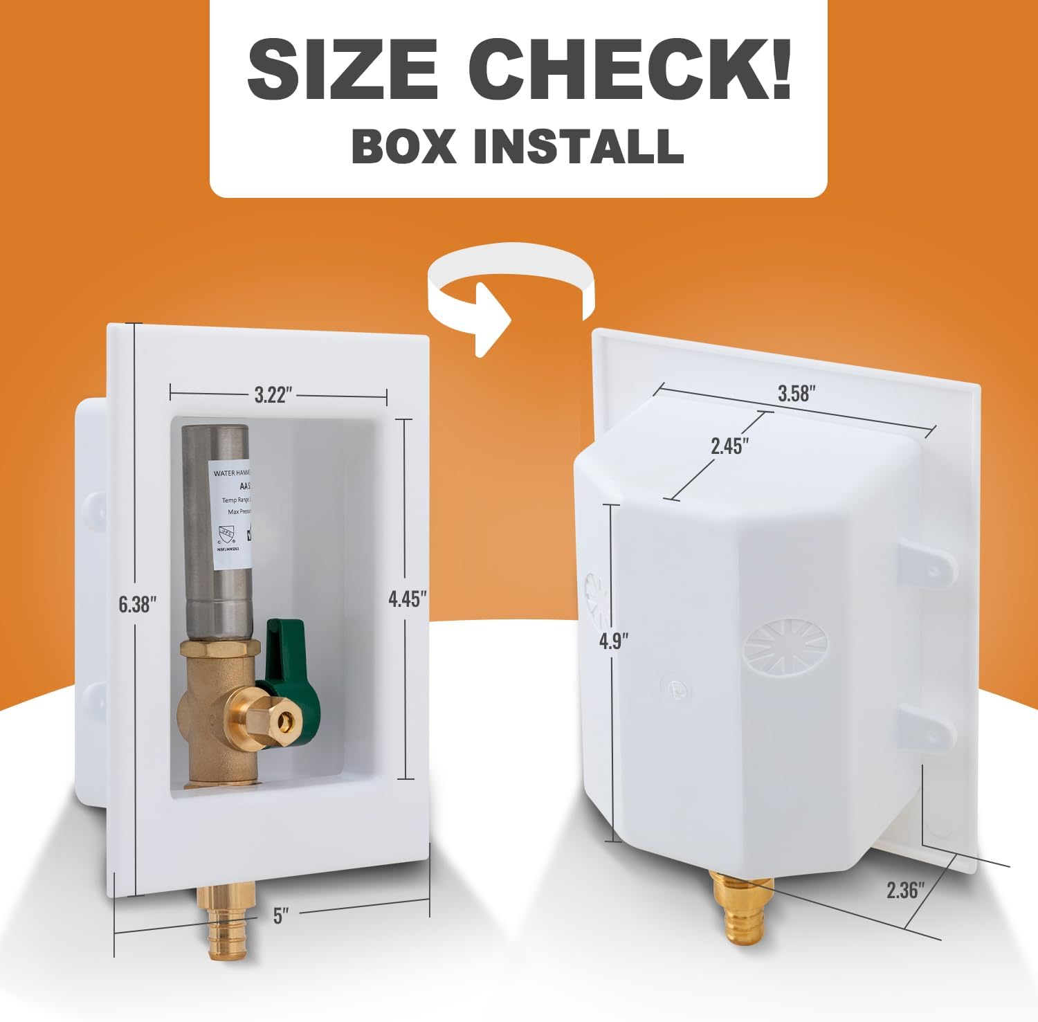 SUNGATOR Ice Maker Outlet Box with Water Hammer Arrestor (Stainless Steel), 1/2 Inch Pex Crimp Inlet x 1/4 Inch OD Compression Outlet, Ice Maker Valve Wall Box with 2 Crimp Rings