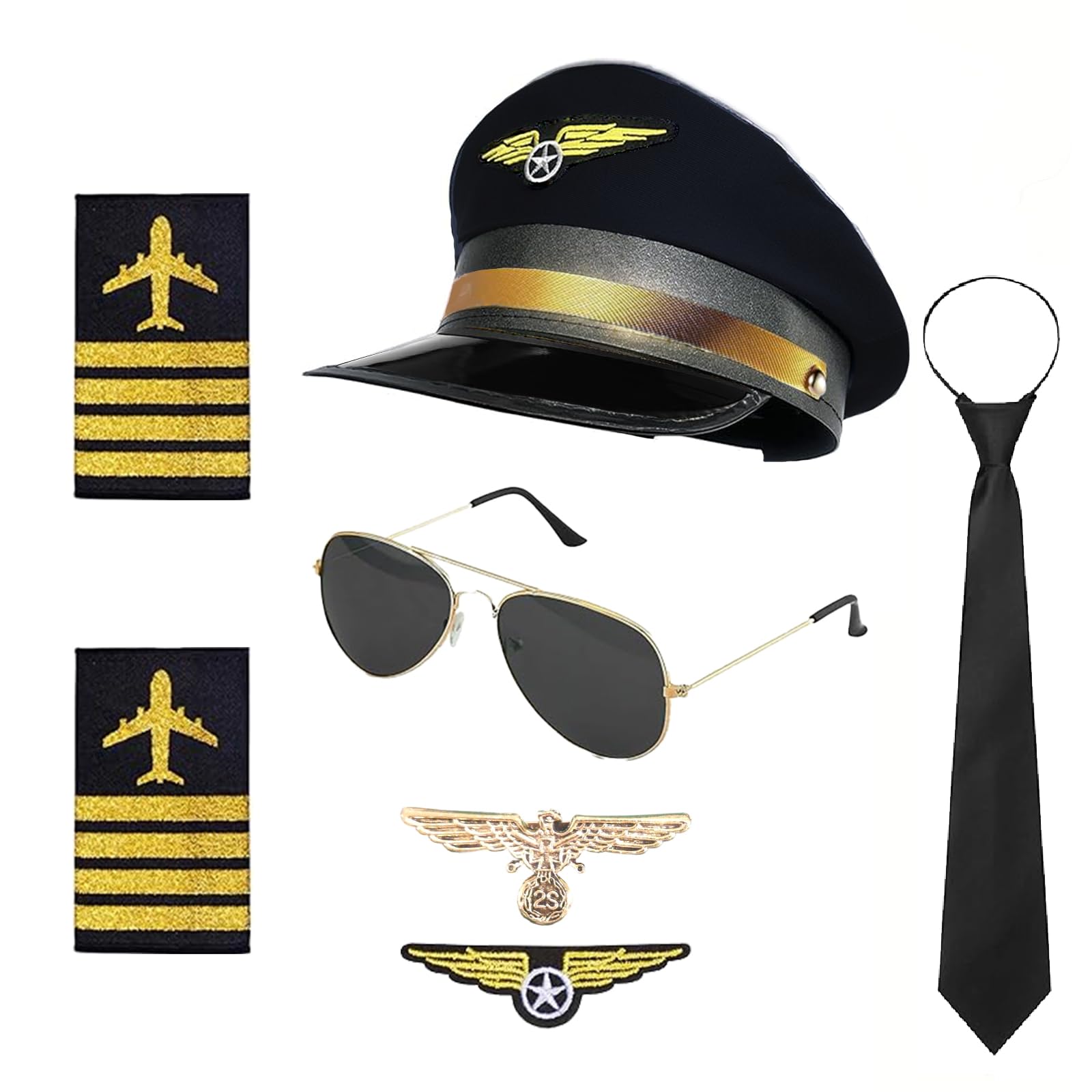 Kostium pilota, kostium kapitana, akcesoria do kostiumu, zestaw pilotów, kapitan, karnawał, pagony, paski, kapelusz pilotka, dla dorosłych i mężczyzn, na imprezę (czarny)