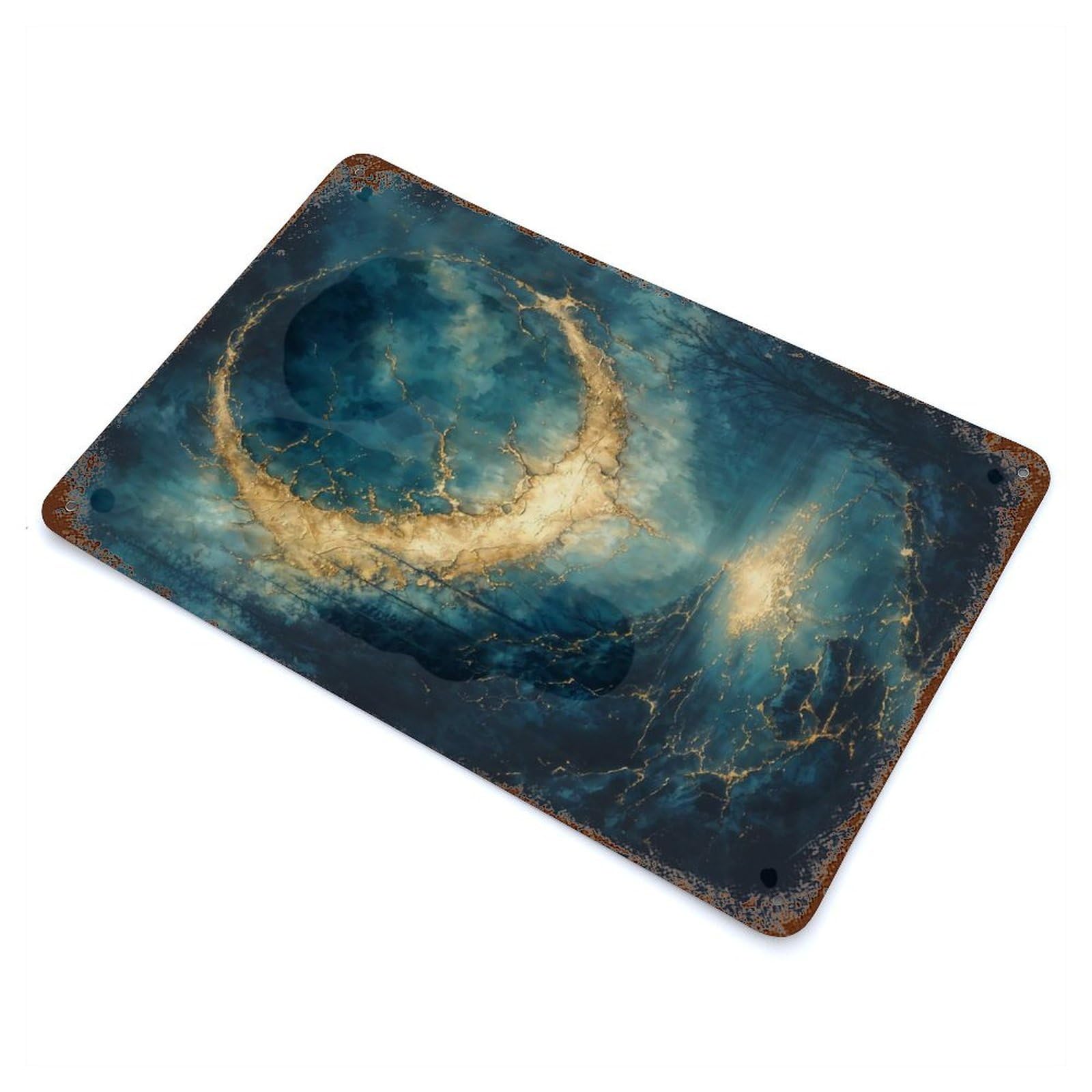 Rust Effect Golden Crescent Moon Over Lake Kintsugi Fantasy Art Distressed Metal Wall Sign 11.8"x7.9", Decorative Metal Wall Art for Living Room, Hallway And Home Decor