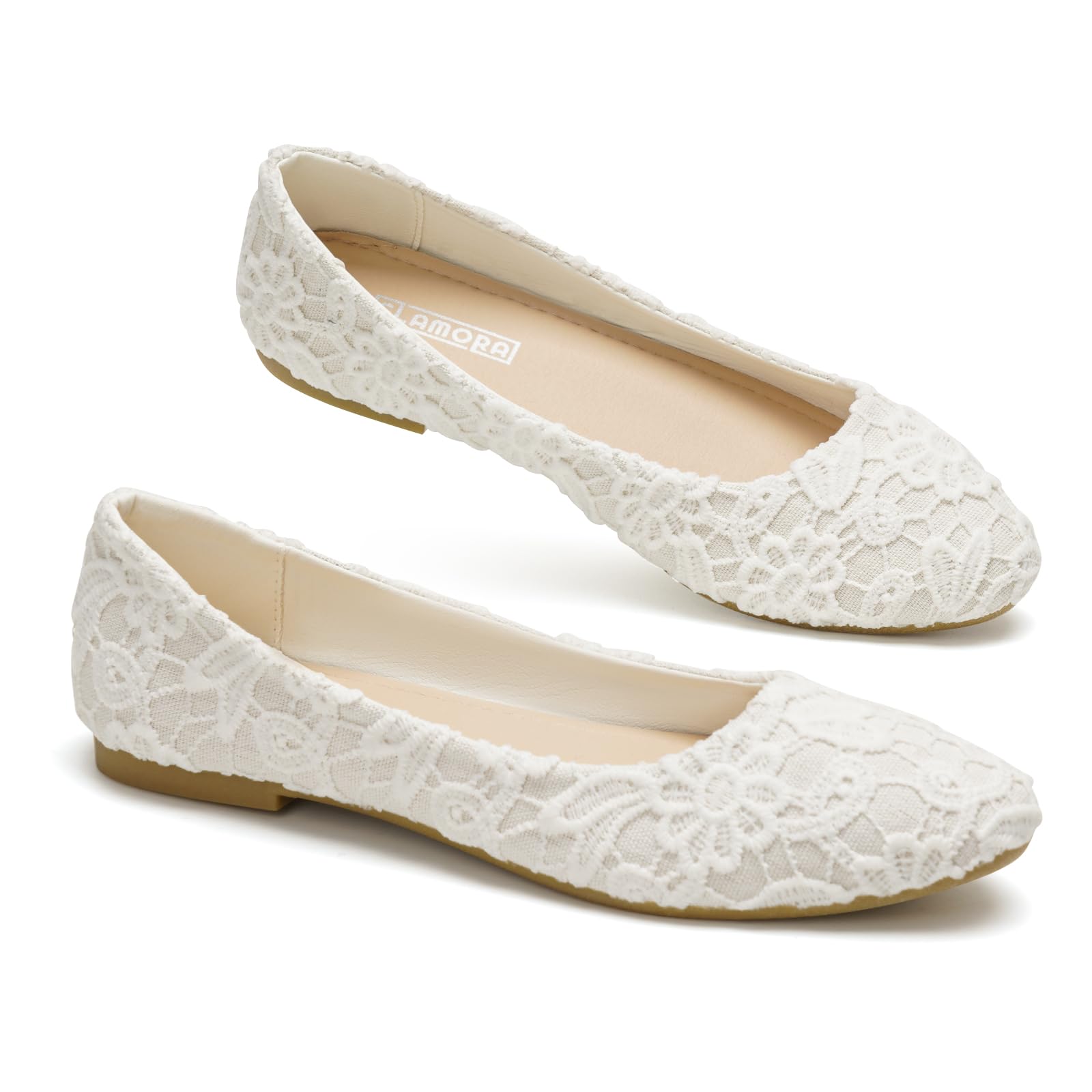 GLAMORA Ballerines Femme Dentelle Ajourée Bout Rond Coupe Étroite Chaussures Plates Respirantes Confortables Légères Souples Élégantes Antidérapantes Slip-on