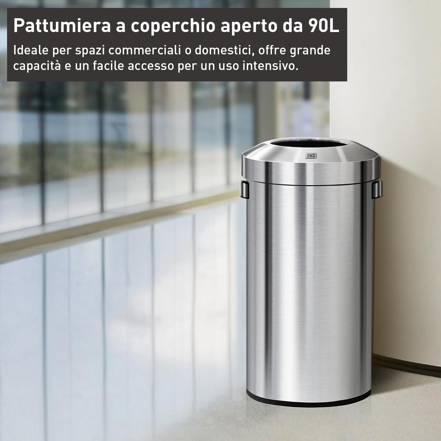 EKO Pattumiera con Coperchio Aperto, Finitura in Acciaio Inox Spazzolato, 90 Litri