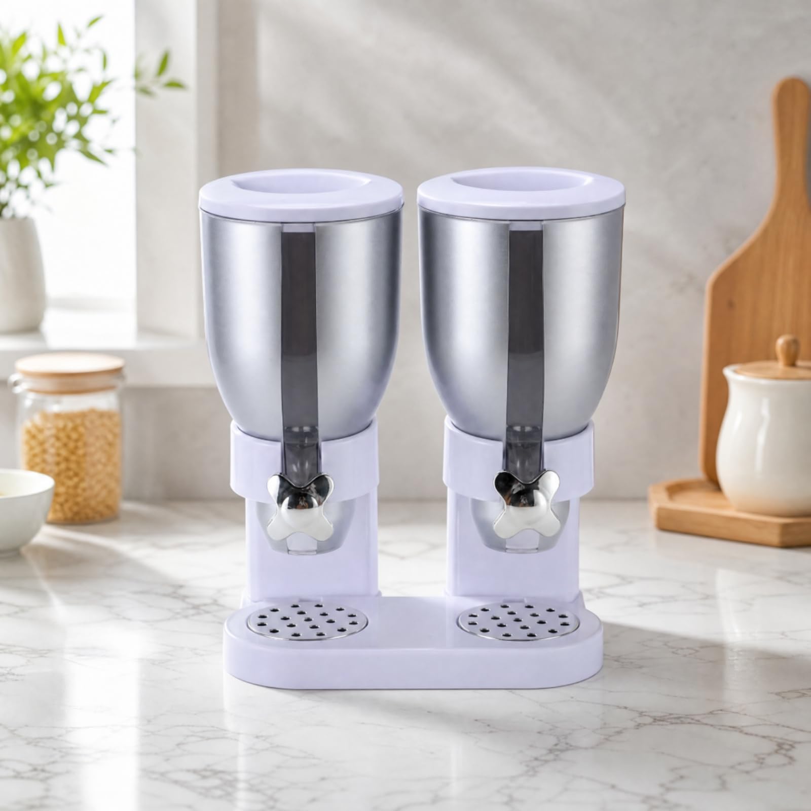 Dispensador Cereales y Granos Acrílico Calidad Alimentaria Organizador Cocina Compacto para Estación sayuno, Plata 4L Doble