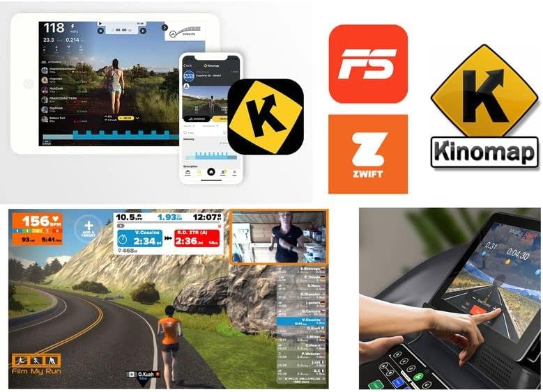 Screenshot collage showing various fitness applications like Kinomap and Zwift running on tablets and smartphones, demonstrating the treadmill's app connectivity feature.