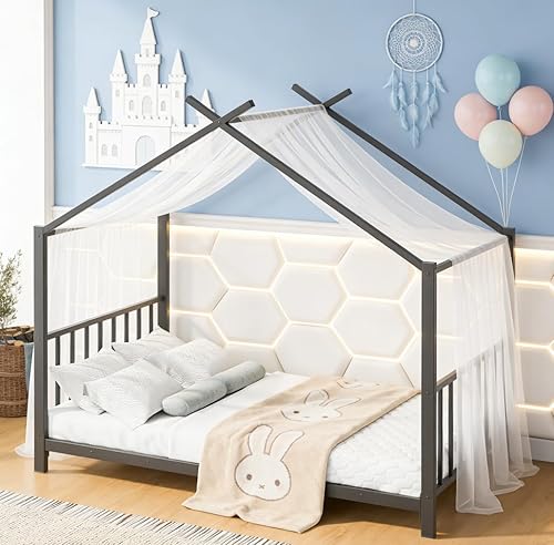Miniatura 4 de Bellemave Twin Size Tent Floor BedFrame for Kids, Metal Montessori Beds with slats, Twin House Bed for Kids Girls Boys, Wash Black