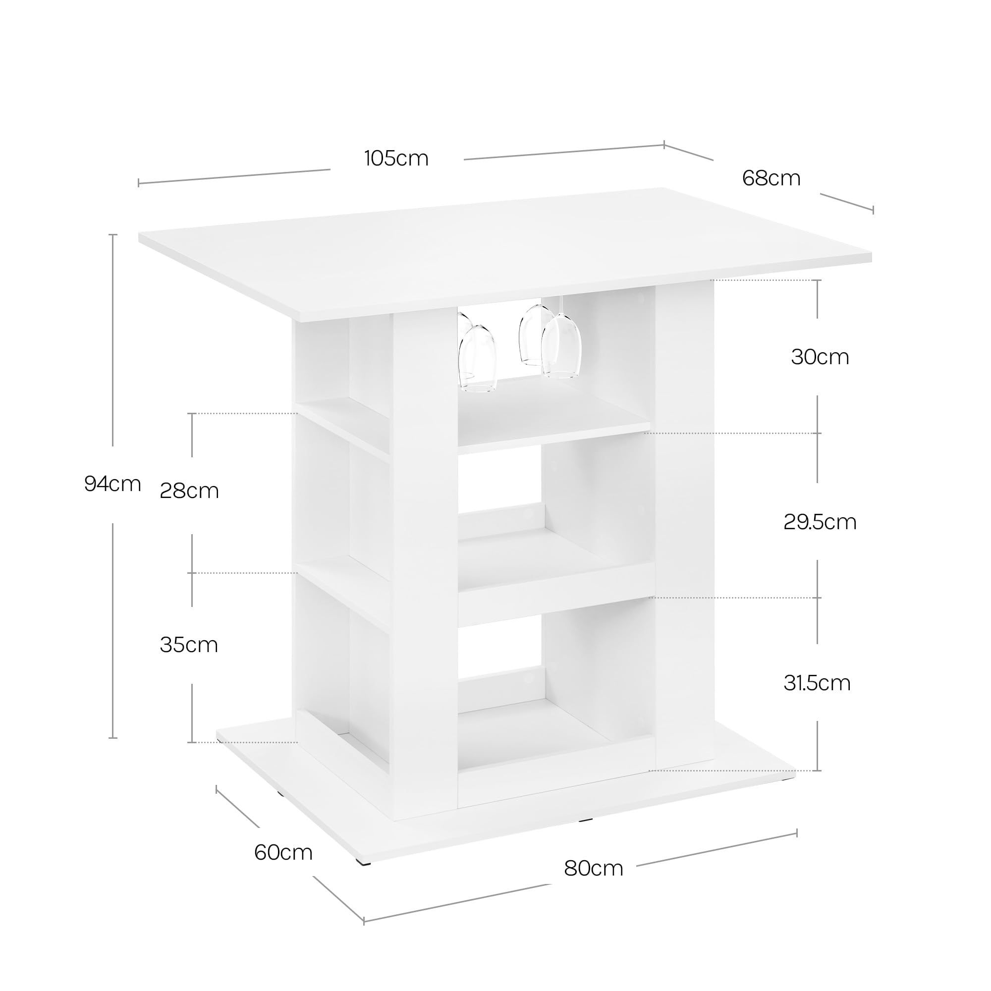 WOLTU Bartisch mit Stauraum, Stehtisch mit 2 Glashaltern, Esstisch für Bar Küche Wohnzimmer, Küchentheke aus Holz, Hochtisch 105x94x68 cm, weiß