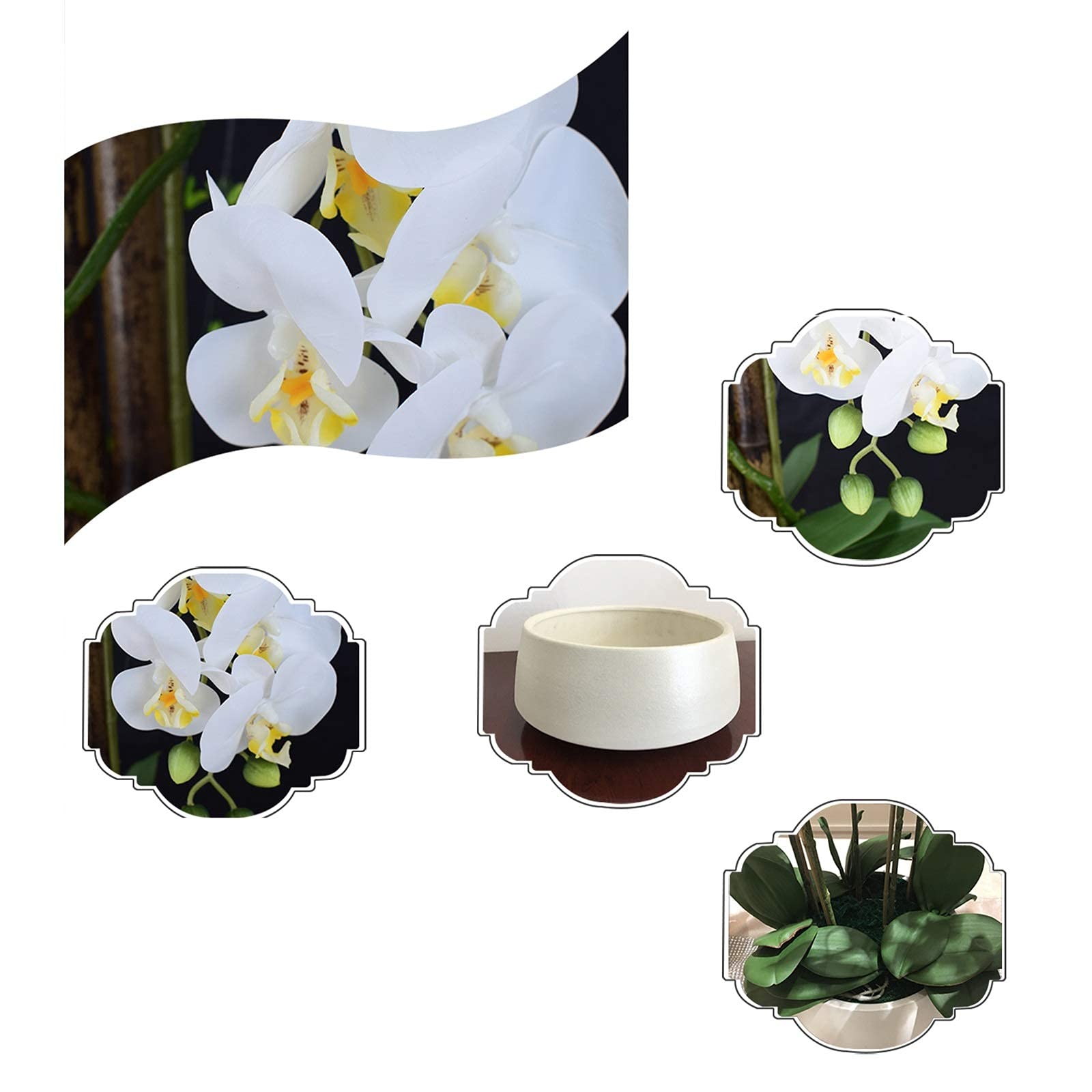 Künstliche weiße Phalaenopsis-Orchideen, 5 Zweige, weiße Schmetterlingsorchideen, Blumenarrangement mit weißer Keramikvase, für Zuhause/Büro/Salon.