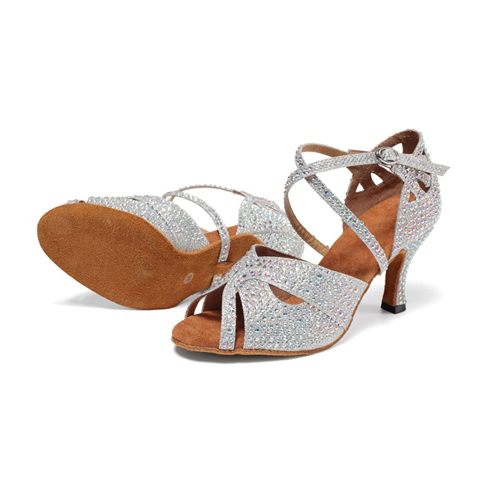 Wygwlg Scarpe da Ballo Latino Americano da Donna, Scarpe da Ballo da Sala da Ballo con Strass Glitterate, Scarpe da Ballo per Salsa (Color : Khaki 7.5cm, Size : 41 EU)