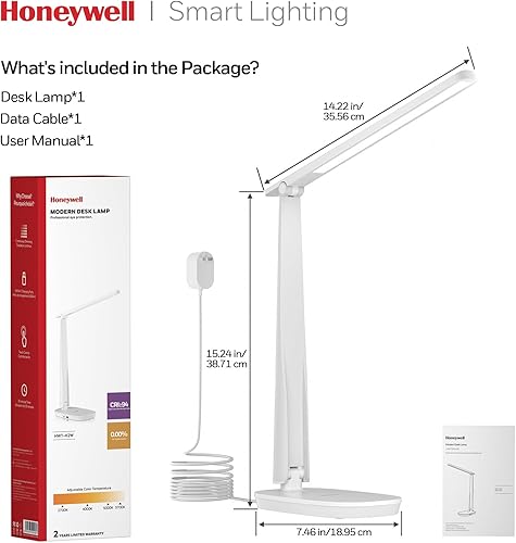 Miniatura 7 de Honeywell Lámpara de escritorio LED para oficina en casa, luz de cuidado de los ojos con 4 modos de color y control táctil, puertos de carga USB