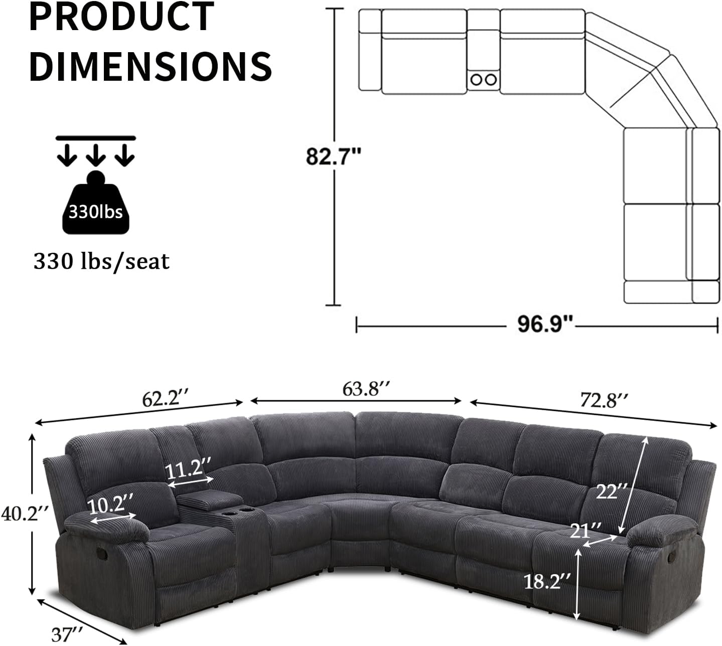 Fabric Recliner Sectional Sofa for Living Room Furniture Set, 7-Seat L-Shaped Corner Couch with Coffee Table/Storage/Cup Holders,Corduroy Reclining Sofa Set with 3 Reclining Seats(Gray)