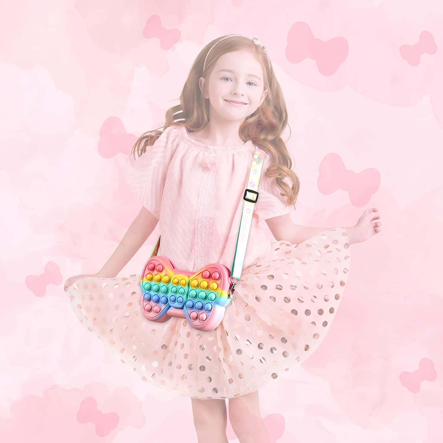 Party Propz Pop It Bag for Girls - Rainbow Butterfly Pop It Pouch | Silicone Popit Bag for Girls, Women, Kids | Return Gift for Kids | Cross Body Sling Bag Purse for Girls Kids | Kids Purse for Girls - Image 4 thumbnail