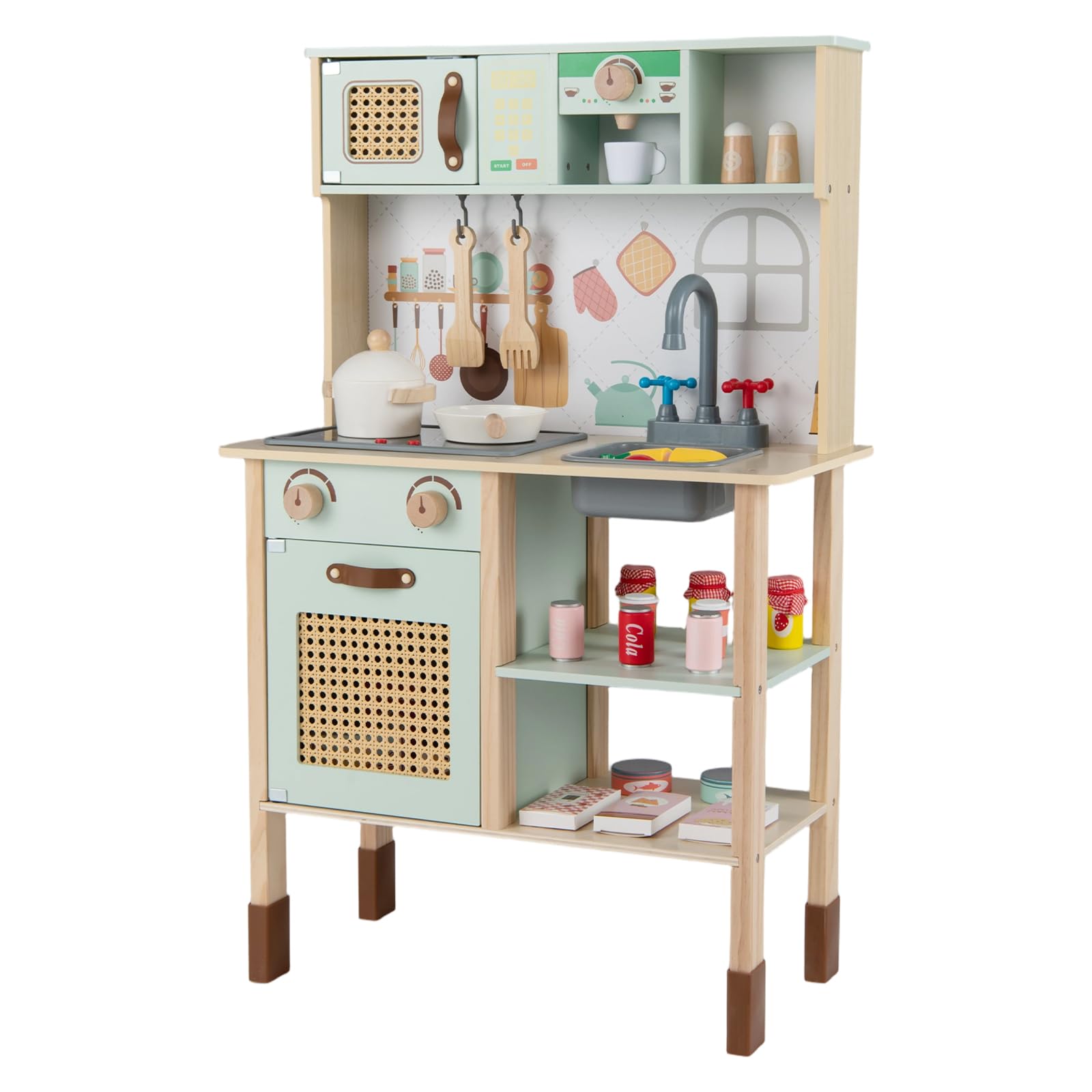 COSTWAY Kids Play Kitchen, Wooden Pretend Toy Kitchen Playset with Rear Blackboard, Stoves, Faucet, Accessories, Lights & Sounds, Dual-Sided Children's Chef Role Play Set for 3+ Years Old Boys Girls