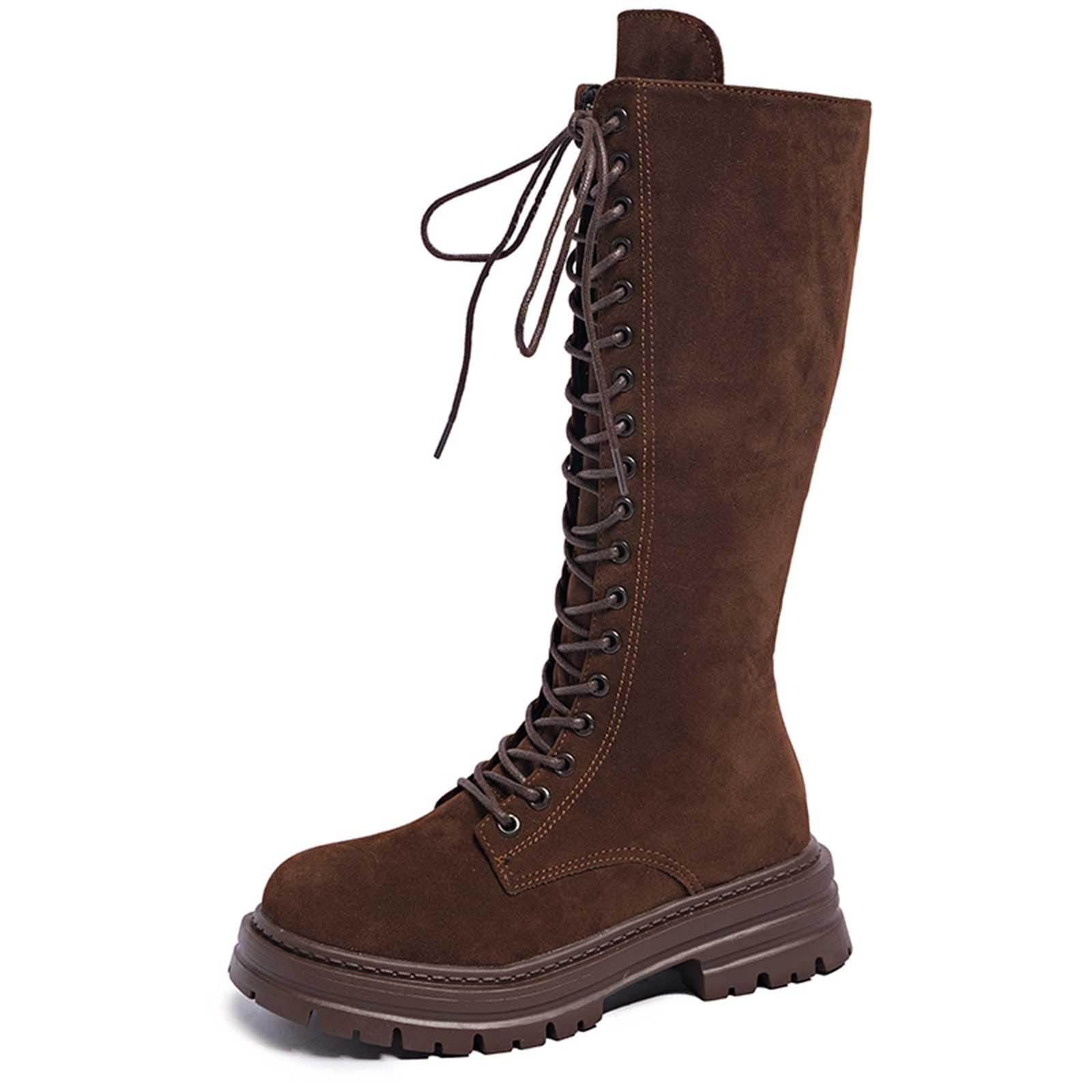 Generisch Botas de equitación de invierno para mujer, botas de ante modernas con pantorrilla media, botines de plataforma gruesos con cordones, cómodas e informales
