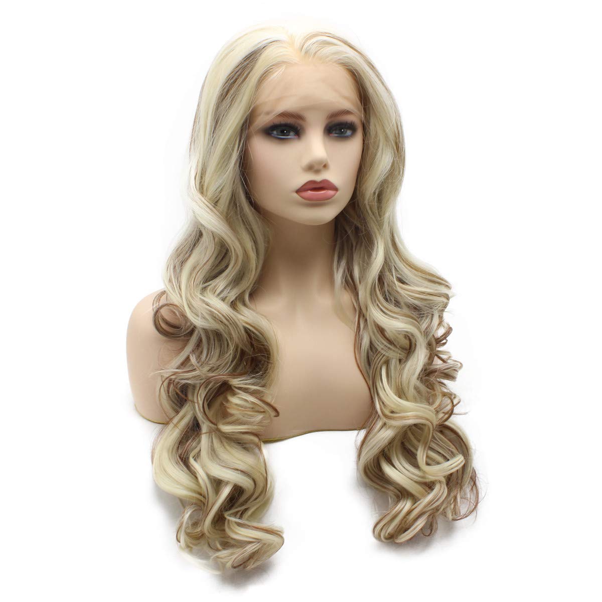 Long Wavy Blonde Auburn Mix Two Tone Half Hand Tied Heat Resistant Synthetic Lace Front Party Wig